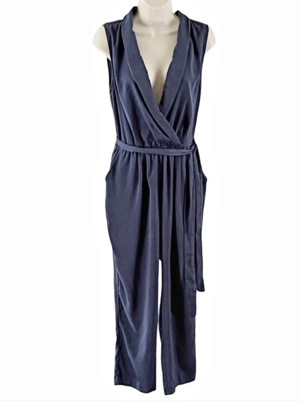 Lulu's Wrap Neck Wide Leg Jumpsuit in Blue Size Large